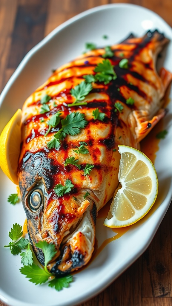 Grilled branzino with sweet chili glaze, garnished with cilantro and lime on a wooden table.